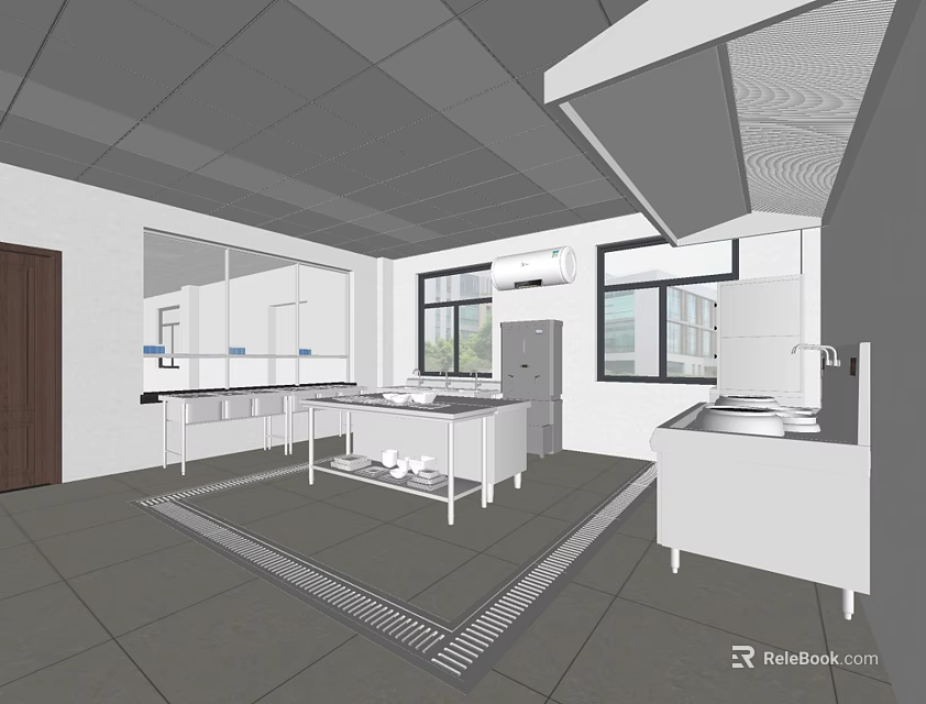 Commercial Kitchen Interior With White Tables Cabinets Refrigerator And Range Hood 3d model 