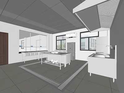 Commercial Kitchen Interior With White Tables Cabinets Refrigerator And Range Hood 3d model