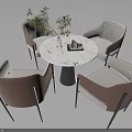Modern Round Marble Table with Four Upholstered Chairs Metal Legs and Decorative Plant