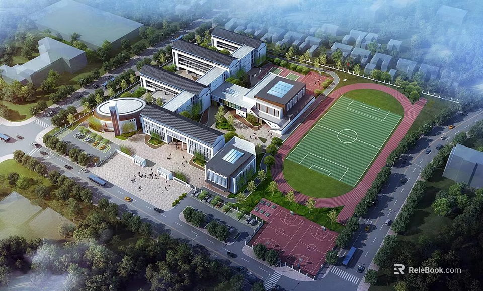 Modern School Building Complex With Classroom Buildings Sports Field Basketball Court And Green Areas 3d model 