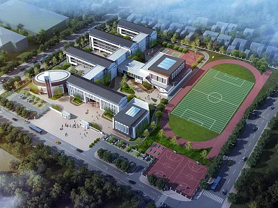 Modern School Building Complex With Classroom Buildings Sports Field Basketball Court And Green Areas 3d model