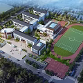 Modern School Building Complex With Classroom Buildings Sports Field Basketball Court And Green Areas