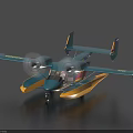3D Rendered Dark Green Seaplane Model With Yellow Floats And Wing Markings
