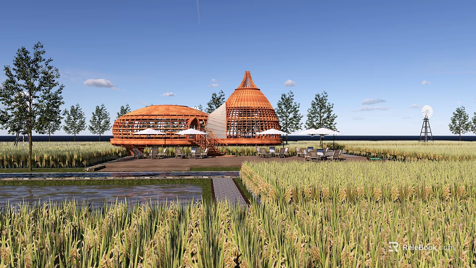 Rural Landscape Featuring Orange Circular Buildings Amid Rice Fields Outdoor Seating And Blue Sky 3d model 