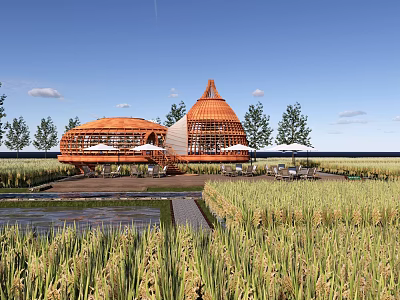 Rural Landscape Featuring Orange Circular Buildings Amid Rice Fields Outdoor Seating And Blue Sky 3d model