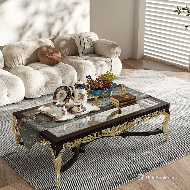 Wooden Coffee Table With Gold Accents Glass Top Tray Tea Set Fruits In Living Room 3d model 