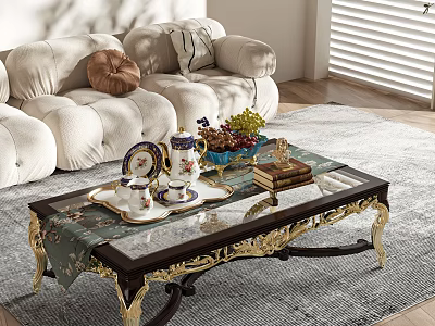 Wooden Coffee Table With Gold Accents Glass Top Tray Tea Set Fruits In Living Room 3d model