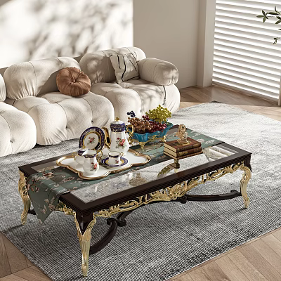 Wooden Coffee Table With Gold Accents Glass Top Tray Tea Set Fruits In Living Room 3d model