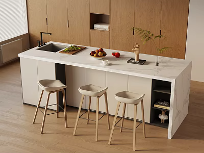 Modern Kitchen Dining Table Set With Marble Island Three Wooden Stools Wooden Cabinets And Fruits 3d model