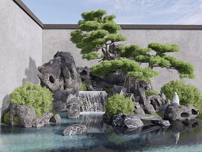 Tranquil Garden Ornament Featuring Rockery Waterfall Pond Pine Tree And Green Plants 3d model