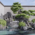 Tranquil Garden Ornament Featuring Rockery Waterfall Pond Pine Tree And Green Plants