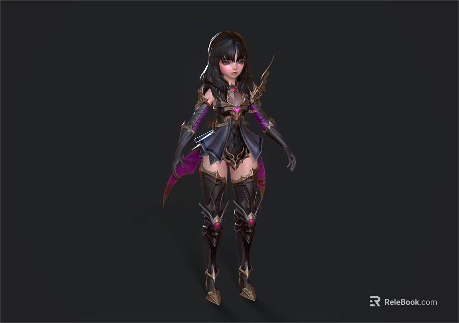 Children Character With Black Long Hair In Dark Purple Fantasy Costume And Metal Decorations 3d model 