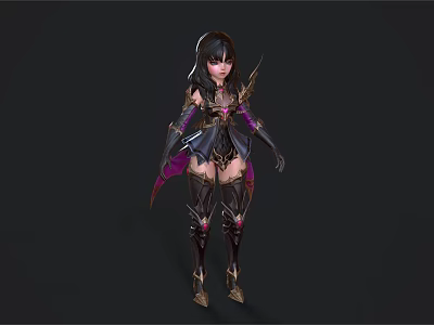Children Character With Black Long Hair In Dark Purple Fantasy Costume And Metal Decorations 3d model