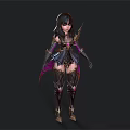 Children Character With Black Long Hair In Dark Purple Fantasy Costume And Metal Decorations