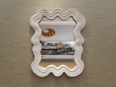 White Wavy Border Wall Mounted Mirror Reflecting Living Room Interior 3d model