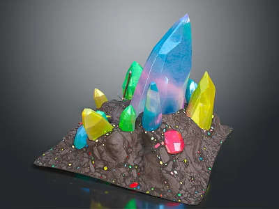 Colorful Crystal Cluster With Various Colored Points On Rock Base And Small Particles 3d model