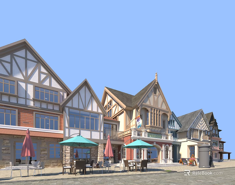 Charming Commercial Street With Traditional Architecture Outdoor Dining Tables And Colorful Umbrellas 3d model 