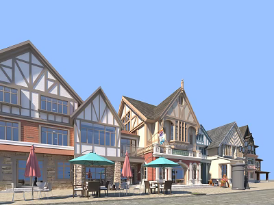 Charming Commercial Street With Traditional Architecture Outdoor Dining Tables And Colorful Umbrellas 3d model
