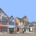 Charming Commercial Street With Traditional Architecture Outdoor Dining Tables And Colorful Umbrellas