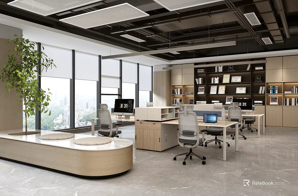 Modern Public Office Space With Large Windows Natural Light Desks Office Chairs And Green Plant 3d model 