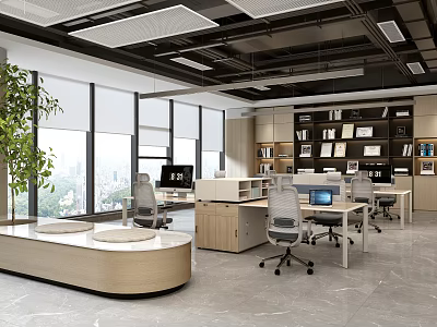 Modern Public Office Space With Large Windows Natural Light Desks Office Chairs And Green Plant 3d model