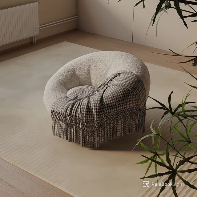 Round Plush Fabric Lounge Chair With Fringe Detail On Neutral Carpet And Green Plant 3d model 
