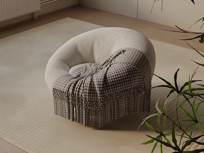Round Plush Fabric Lounge Chair With Fringe Detail On Neutral Carpet And Green Plant 3d model
