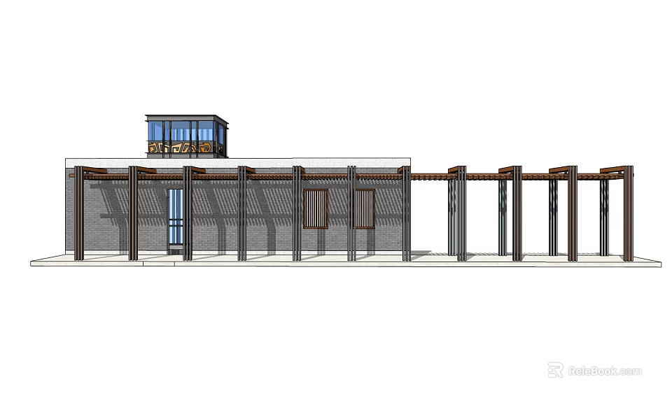 Modern Outdoor Wooden Pergola Structure With Glass Roof And Columns Design 3d model 