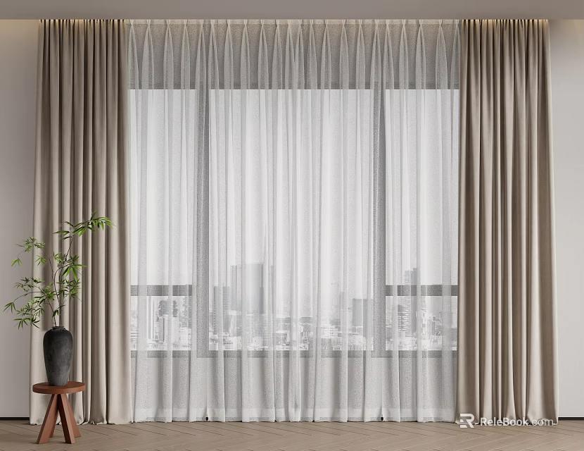 Beige Thick Curtains With White Sheer Layers For Window Indoor City View 3d model 