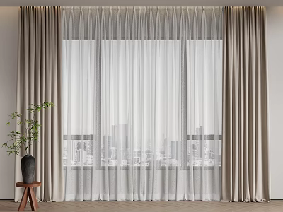 Beige Thick Curtains With White Sheer Layers For Window Indoor City View 3d model