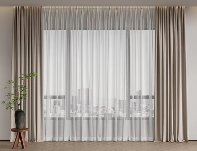Beige Thick Curtains With White Sheer Layers For Window Indoor City View 3d model