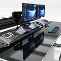 Modern Office Desk With Dual Monitors Printer Blue Lighting And Chair