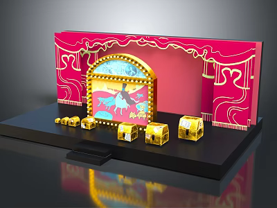 Cartoon Stage Scene With Red Curtain Golden Decorations Arch Window And Golden Boxes In Front 3d model