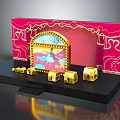 Cartoon Stage Scene With Red Curtain Golden Decorations Arch Window And Golden Boxes In Front