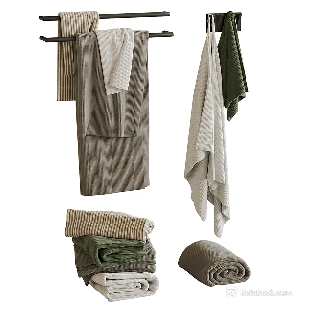 Assorted Towels In Different Styles And Colors Hanging And Folded 3d model 
