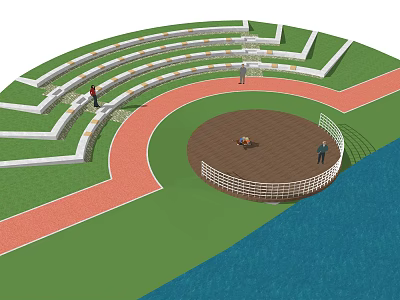 Waterfront Landscape Design With Circular Viewing Platform Red Path And Green Lawn 3d model