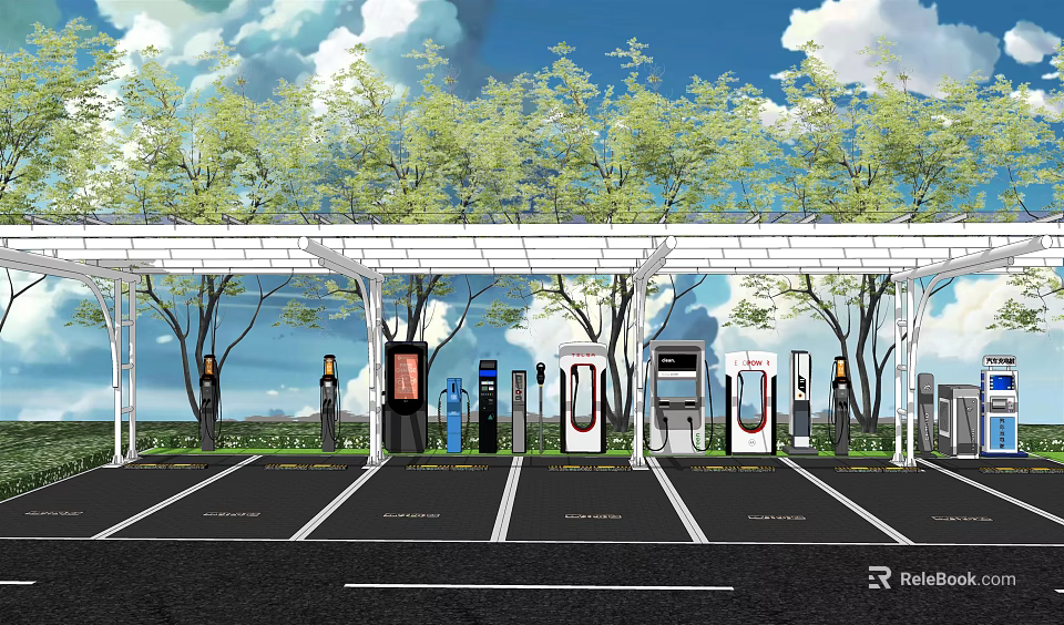 Solar Carport Canopy Covered EV Charging Station Parking Lot With Trees 3d model 