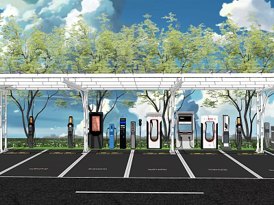 Solar Carport Canopy Covered EV Charging Station Parking Lot With Trees 3d model