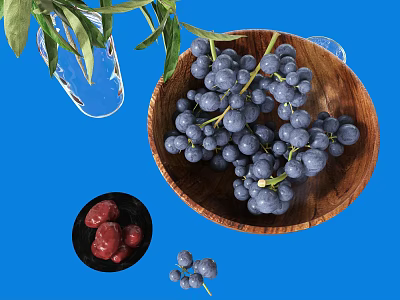 Fresh Purple Grapes and Red Cherries in Wooden Bowl on Blue Background 3d model