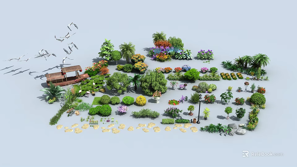 Arbor Centered Garden Landscape Design With Various Plants Shrubs And Colorful Flowers 3d model 