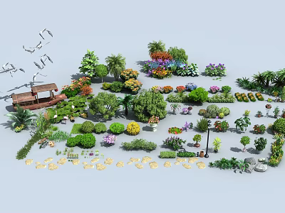 Arbor Centered Garden Landscape Design With Various Plants Shrubs And Colorful Flowers 3d model