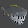 Gray Cartoon Fish with Piano Keys Mouth and Yellow Fins Musical Instruments Art Supplies