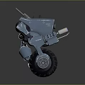 Mechanical Robot Character With Metal Legs Tire Weapon Components And Red Accents