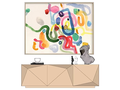 Colorful Abstract Painting On Wall Above Geometric Cabinet With Decorative Figurines 3d model