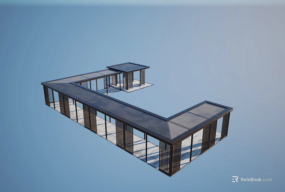 Modern Outdoor Pergola Design With Glass Railings And L Shaped Dark Roof 3d model 