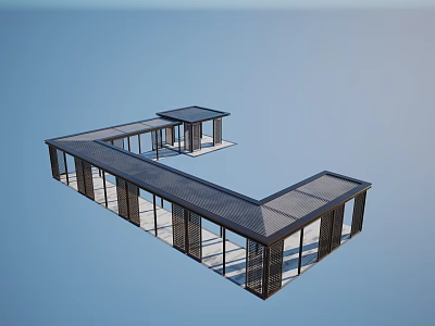 Modern Outdoor Pergola Design With Glass Railings And L Shaped Dark Roof 3d model