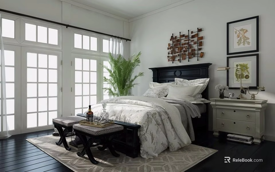 Comfortable Double Bed In Bright Bedroom With White Bedding Black Headboard Green Plant And Sunlight 3d model 