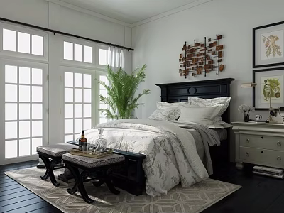 Comfortable Double Bed In Bright Bedroom With White Bedding Black Headboard Green Plant And Sunlight 3d model