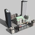 Historic Gray Building Amid Modern Skyscrapers With Street Trees And Traffic Light
