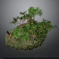 Miniature Landscape Scene With Green Trees Red Fruits Small Cabin And Rock Base
